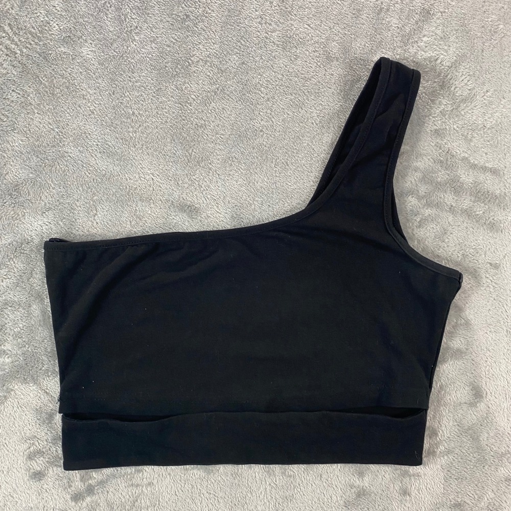 SHEIN One Shoulder Crop Top Womens S Black Excellent Cutout Asymmetrical 5710734